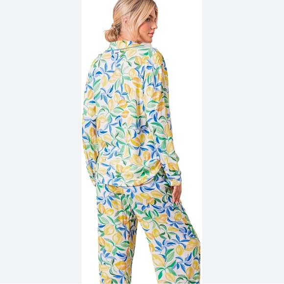 Maaji Medium Long Sleeve PJ Shirt Lemon Print Button Up V Neck Spring - Picture 2 of 9